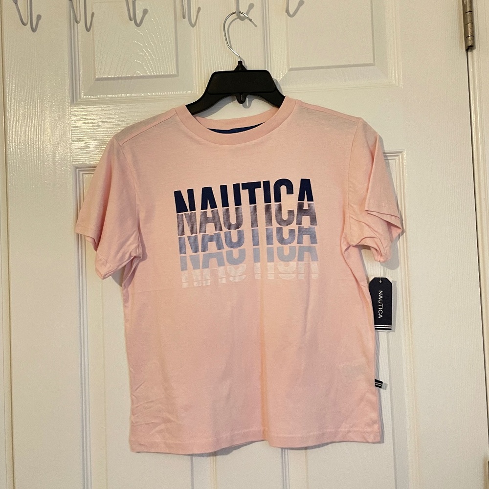 NWT NAUTICA  Pink Crew Neck Blue Logo Graphics Top size 10